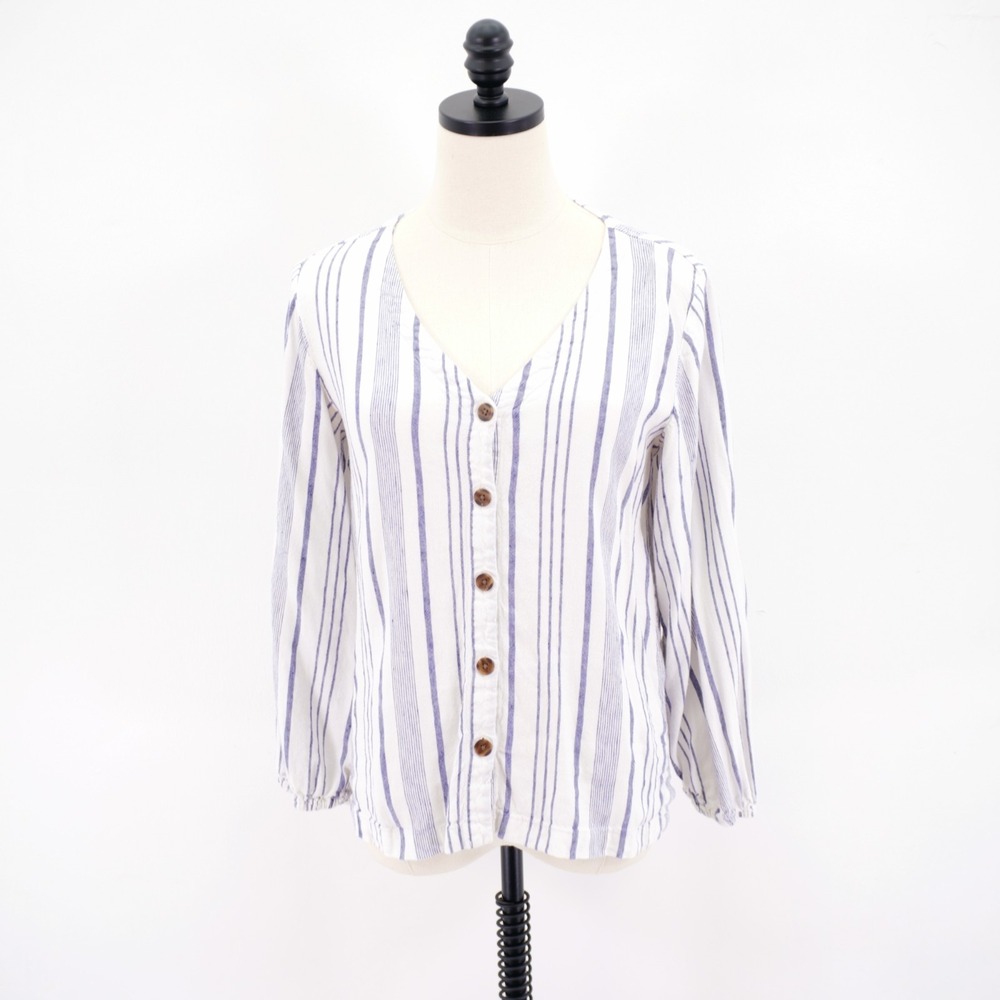 Ann Taylor Loft Small Linen White Purple Striped‎ V-Neck Button Front Top Blouse